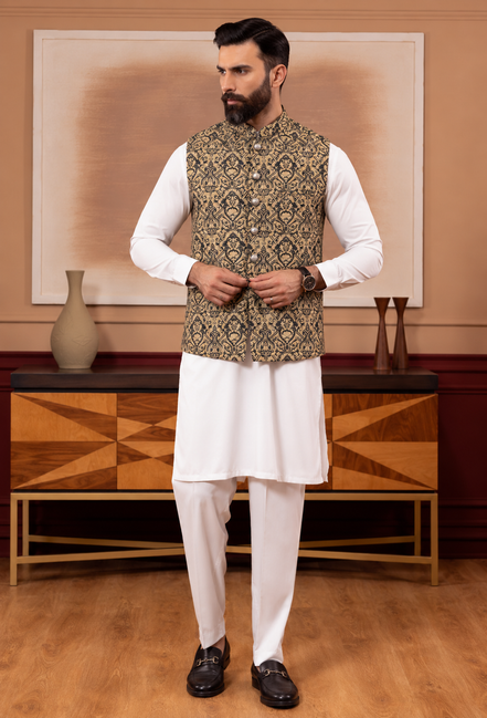 Premium Gold & Black Brocade Waistcoat