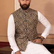 Premium Gold & Black Brocade Waistcoat
