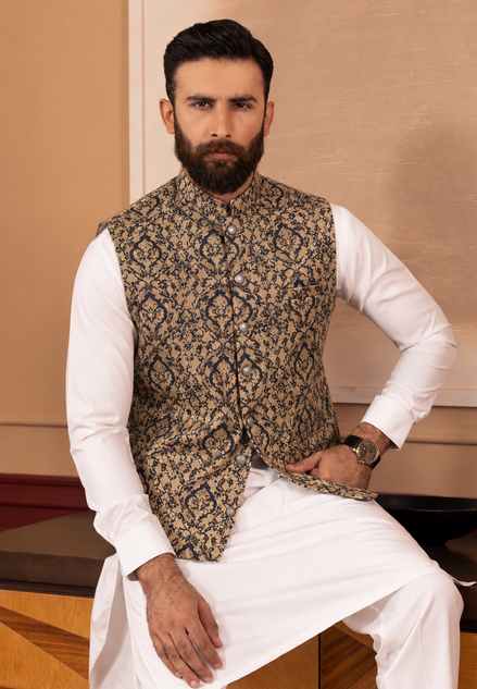 Premium Gold & Black Brocade Waistcoat