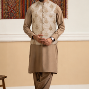 Premium Champagne Gold Embroidered Waistcoat for Men