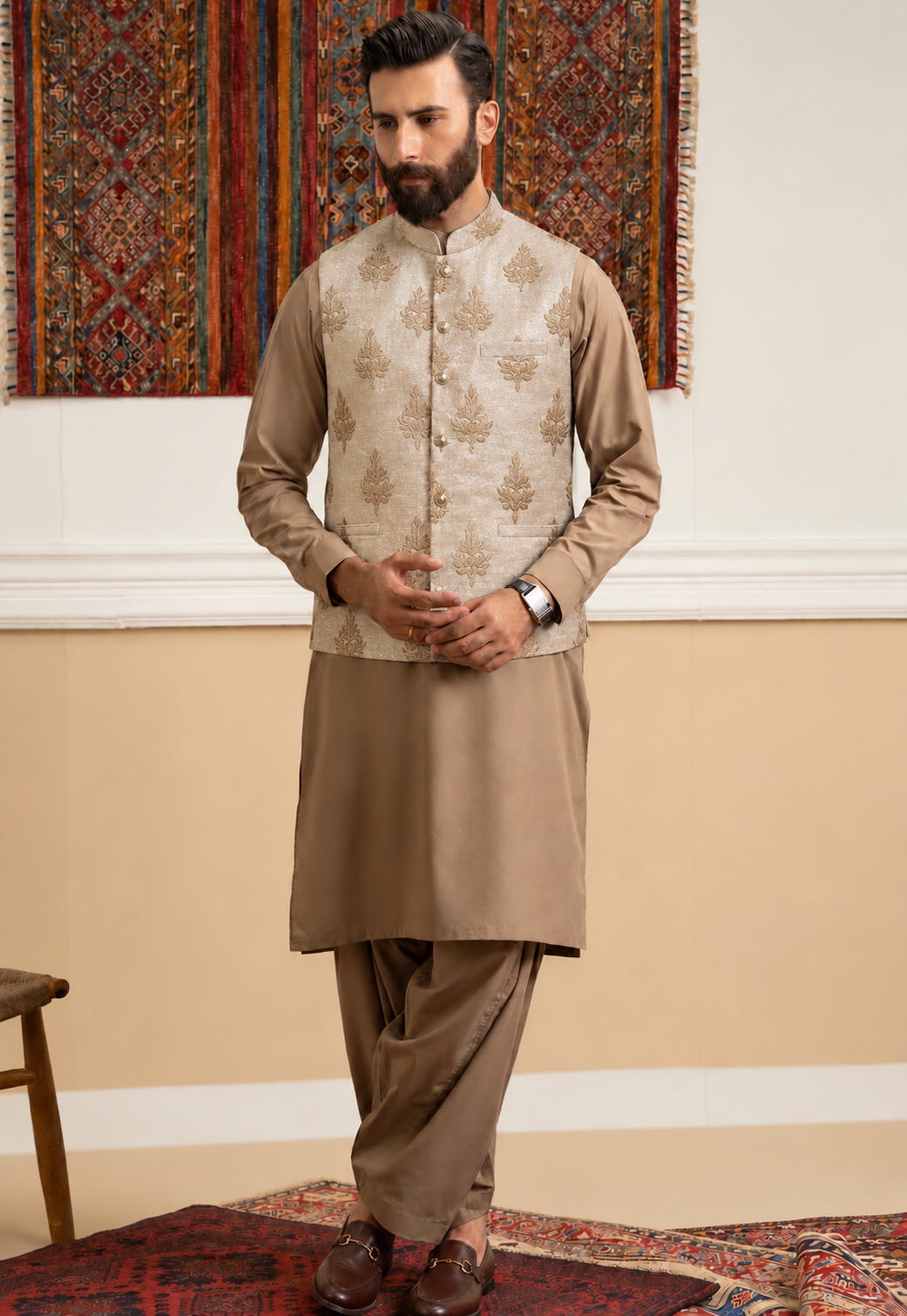 Premium Champagne Gold Embroidered Waistcoat for Men