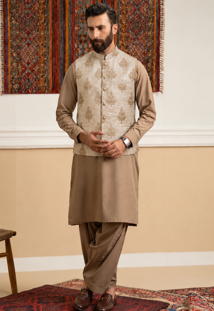 Premium Champagne Gold Embroidered Waistcoat for Men