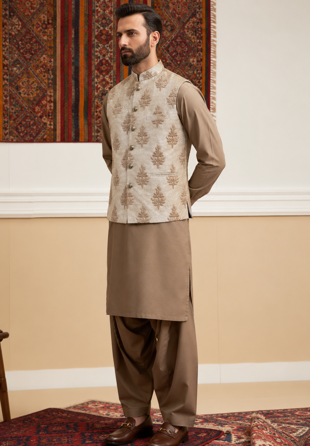 Premium Champagne Gold Embroidered Waistcoat for Men