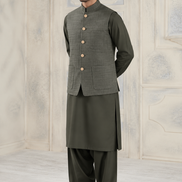 Premium Olive Grey Textured Waistcoat for Men