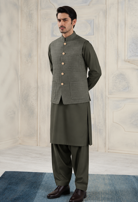 Premium Olive Grey Textured Waistcoat for Men