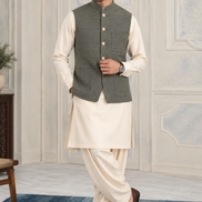 Premium Olive Grey Textured Waistcoat for Men