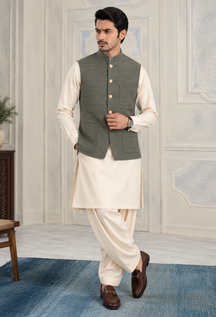 Premium Olive Grey Textured Waistcoat for Men