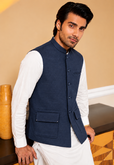 Premium Dark Navy Blue Textured Waistcoat for Men – Traditional Formal Wear