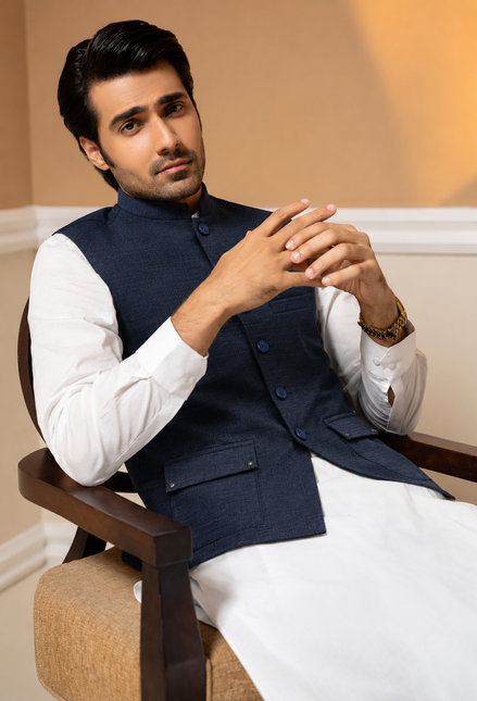 Premium Dark Navy Blue Textured Waistcoat for Men – Traditional Formal Wear