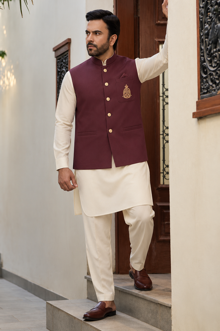 Men’s Maroon Embroidered Waistcoat