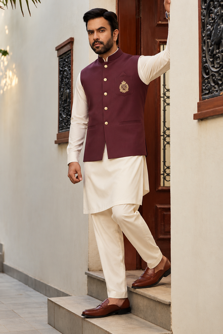 Men’s Maroon Embroidered Waistcoat
