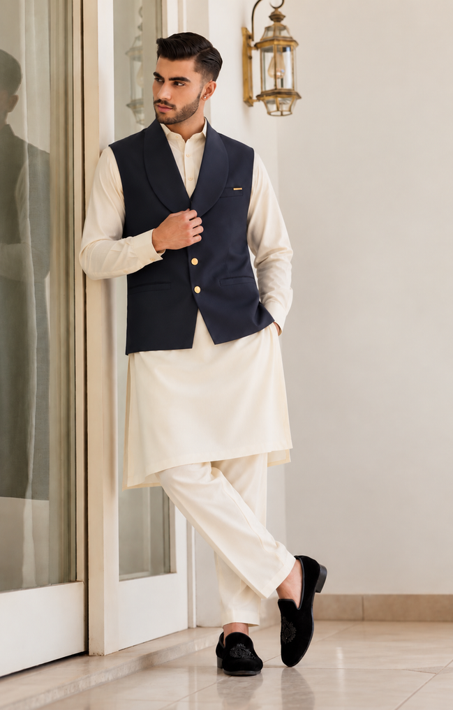 Navy Blue Men’s Waistcoat with Gold Buttons – Premium Men’s Traditional Wear