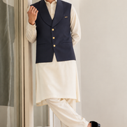 Navy Blue Men’s Waistcoat with Gold Buttons – Premium Men’s Traditional Wear