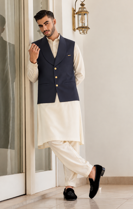 Navy Blue Men’s Waistcoat with Gold Buttons – Premium Men’s Traditional Wear