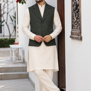 Dark Bottle Green Men’s Waistcoat with Embroidered Lapel