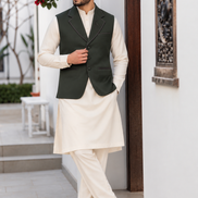 Dark Bottle Green Men’s Waistcoat with Embroidered Lapel