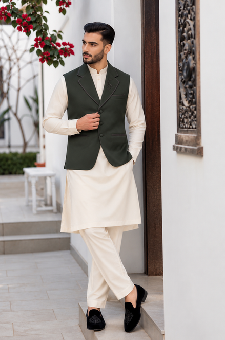 Dark Bottle Green Men’s Waistcoat with Embroidered Lapel
