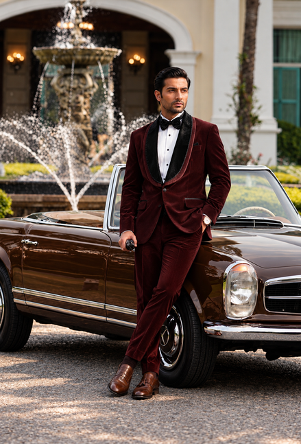 Burgundy Velvet Tuxedo Suit for Men – Black Shawl Lapel Luxury Party Wear | Romano
