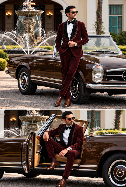 Burgundy Velvet Tuxedo Suit for Men – Black Shawl Lapel Luxury Party Wear | Romano