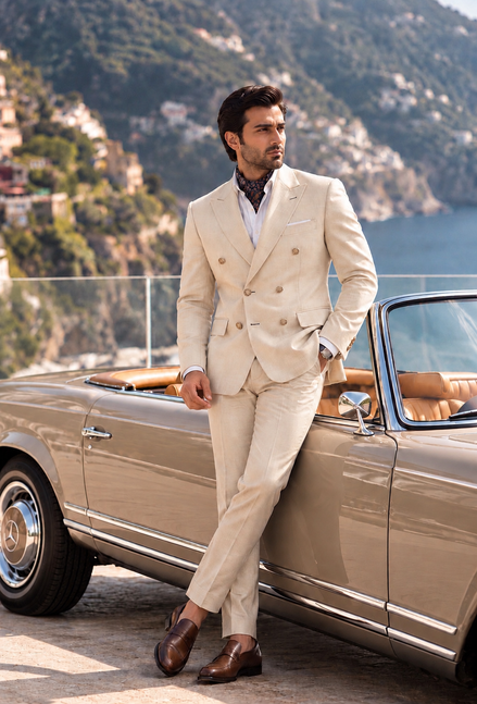 Men’s Cream Double-Breasted Suit – Luxury Formal Wear | Romano
