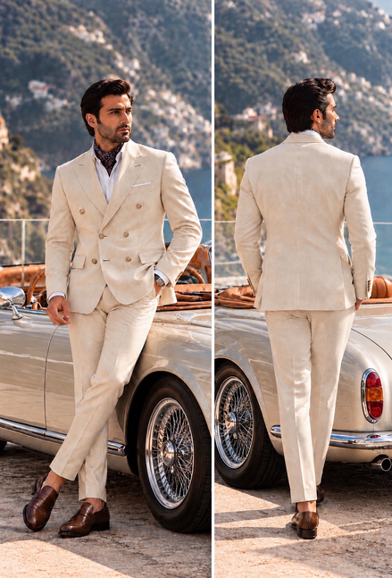 Men’s Cream Double-Breasted Suit – Luxury Formal Wear | Romano