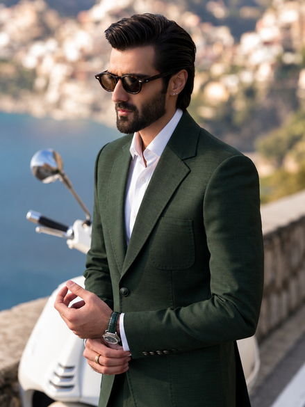 Romano Bottle Green Men’s Two-Piece Suit – Premium Textured Blazer & Trouser