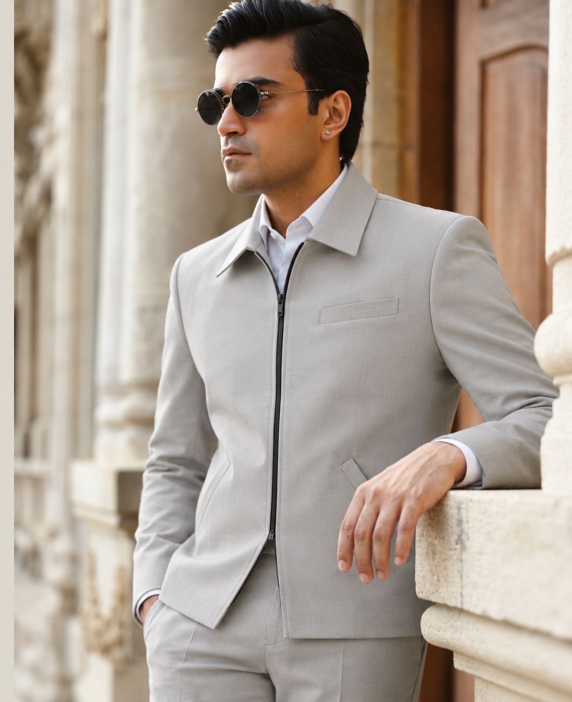 Premium Light Grey Zip-Up 2-Piece Suit for Men | Romano