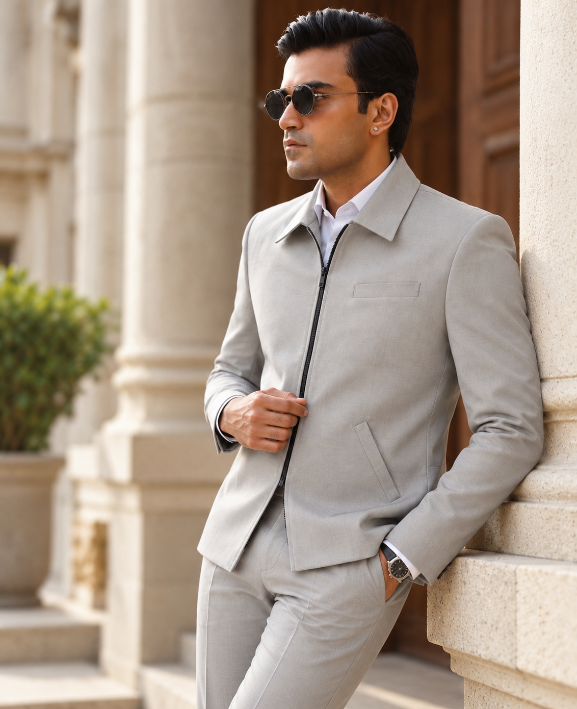 Premium Light Grey Zip-Up 2-Piece Suit for Men | Romano