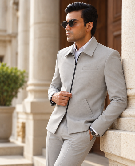 Premium Light Grey Zip-Up 2-Piece Suit for Men | Romano