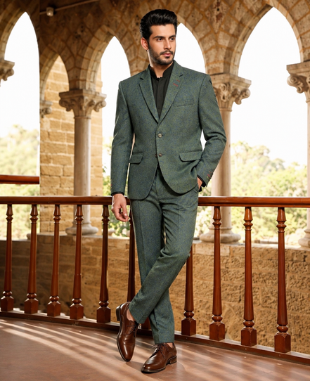Premium Bottle Green Textured 2-Piece Men’s Suit | Romano