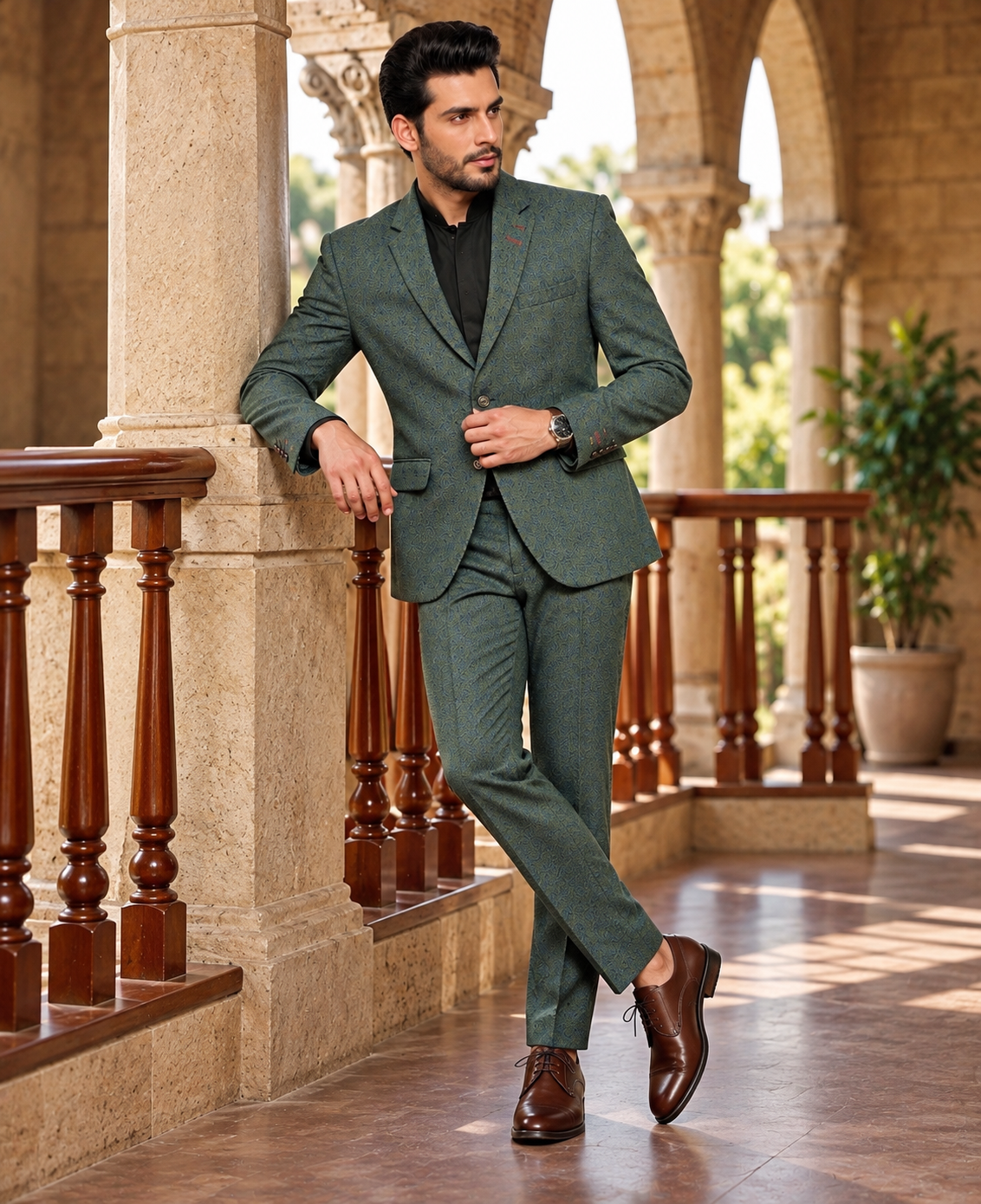 Premium Bottle Green Textured 2-Piece Men’s Suit | Romano