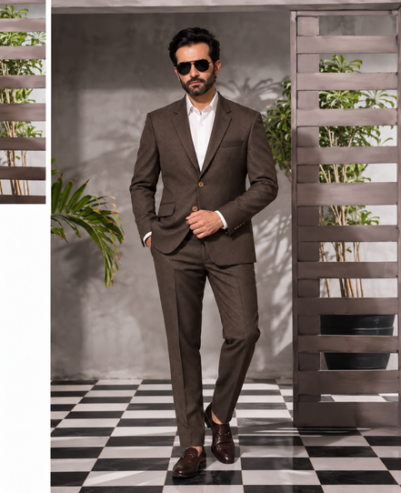 Premium Dark Brown Textured Men’s 2-Piece Suit | Romano