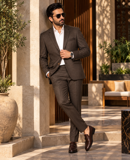 Premium Dark Brown Textured Men’s 2-Piece Suit | Romano