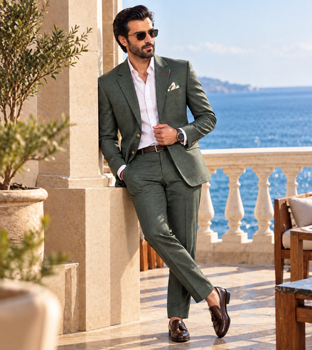 Premium Bottle Green Men’s Suit | Textured 2-Piece Suit – Romano