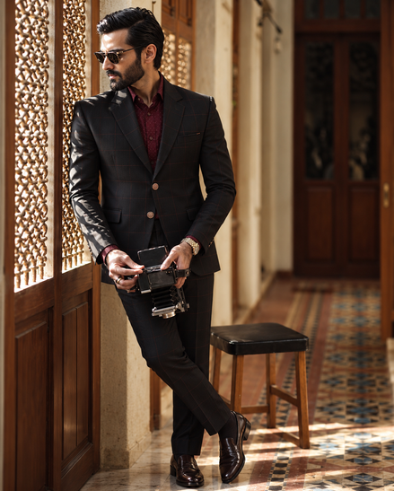 Premium Black Windowpane Check Men’s 2-Piece Suit | Romano