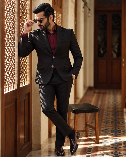 Premium Black Windowpane Check Men’s 2-Piece Suit | Romano