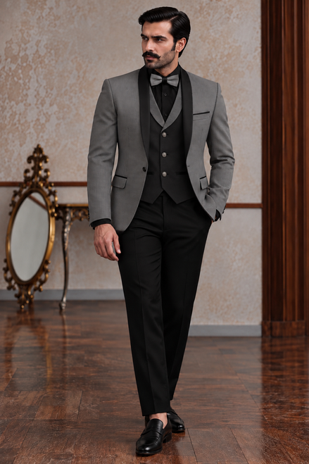 Premium Grey 3-Piece Tuxedo Suit with Black Waistcoat | Romano Menswear