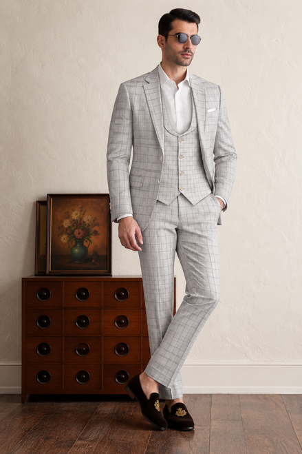 Premium Light Grey Check 3-Piece Suit for Men | Romano