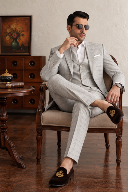 Premium Light Grey Check 3-Piece Suit for Men | Romano