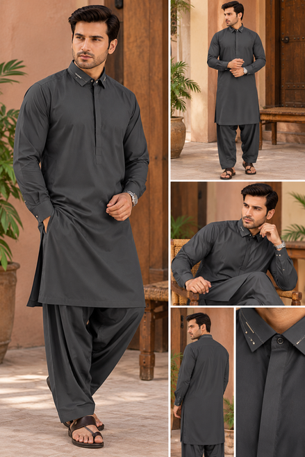 Premium Dark Grey Shalwar Kameez for Men | Elegant Formal Wear
