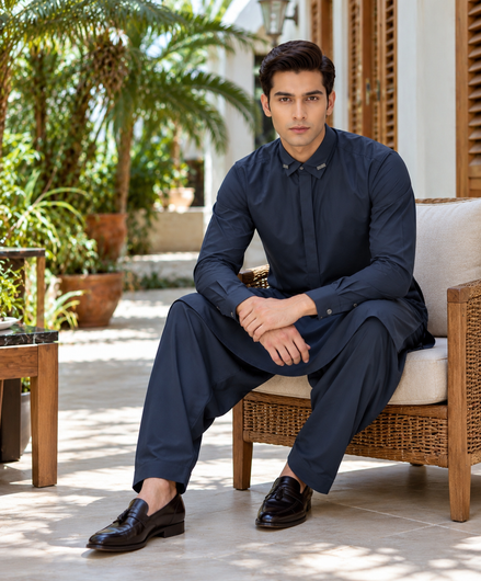 Romano Dark Navy Blue Men’s Shalwar Kameez | Premium Formal Wear