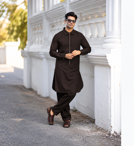 Dark Chocolate Brown Men’s Shalwar Kameez | Premium Formal Wear