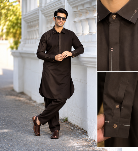 Dark Chocolate Brown Men’s Shalwar Kameez | Premium Formal Wear