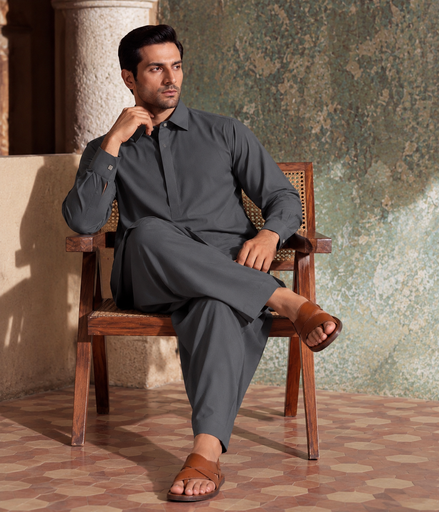 Dark Charcoal Grey Men’s Shalwar Kameez | Premium Formal Wear