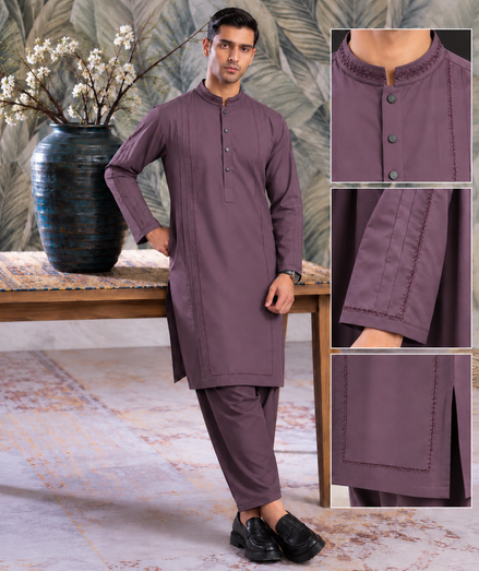 Romano Burgundy Purple Embroidered Men's Shalwar Kameez | Premium Traditional Wear