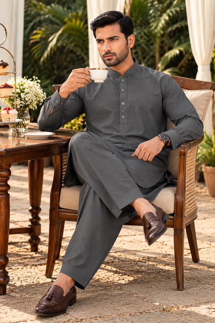 Romano Premium Textured Grey Men’s Shalwar Kameez – Elegant Collection