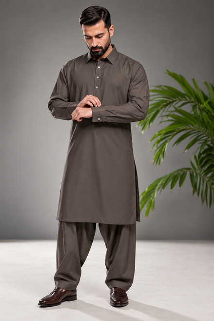 Romano Premium Dark Grey Brown Shalwar Kameez for Men | Elegant Formal Wear