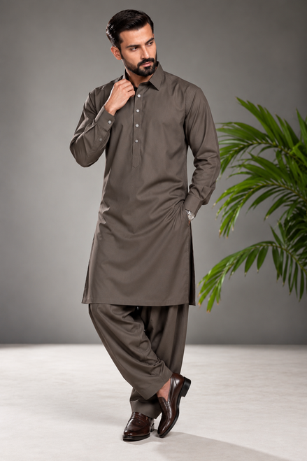 Romano Premium Dark Grey Brown Shalwar Kameez for Men | Elegant Formal Wear