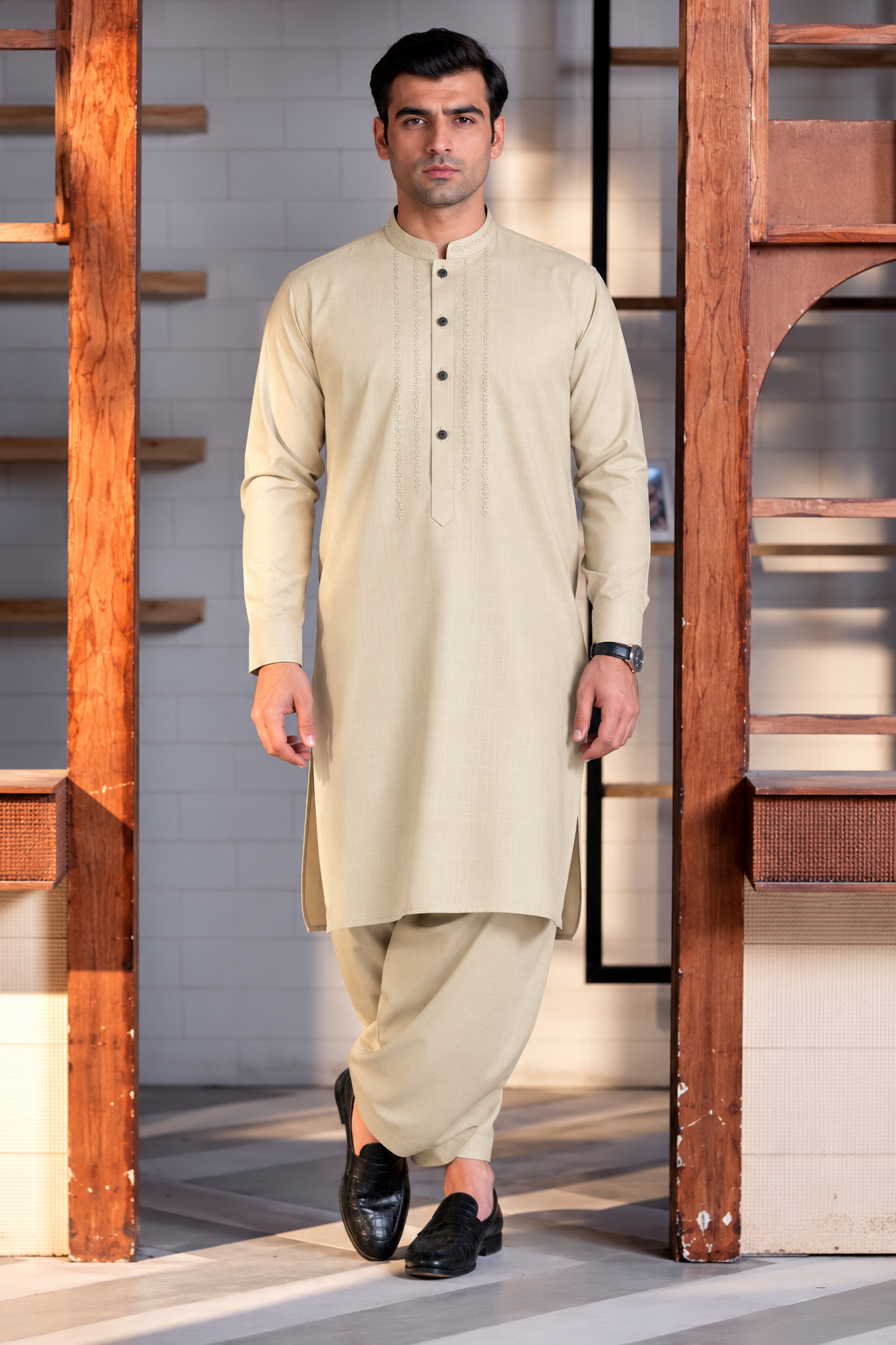 Premium Cream Embroidered Shalwar Kameez for Men | Sherwani Collar Design