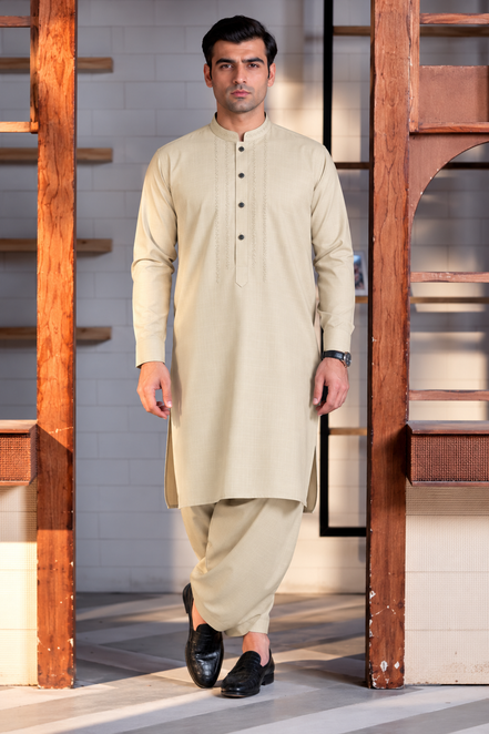Premium Cream Embroidered Shalwar Kameez for Men | Sherwani Collar Design